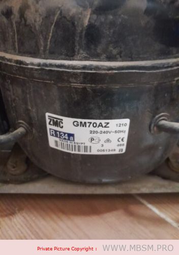 Mbsm.pro, Compressor, GM70AZ, 1/5 hp, ZMC, Cooling, R134a, 150 W, 1.3 A, 1Ph 220‑240V 50Hz, LBP capacity, RSIR, −30°C to −10°C